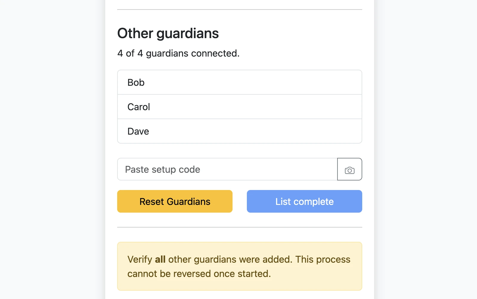Leader guardian list showing all guardians connected and ready to confirm