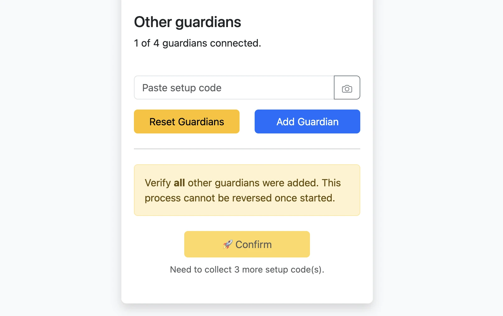 Leader guardian list showing 1 of 4 guardians connected and a form to paste or scan another guardian setup code