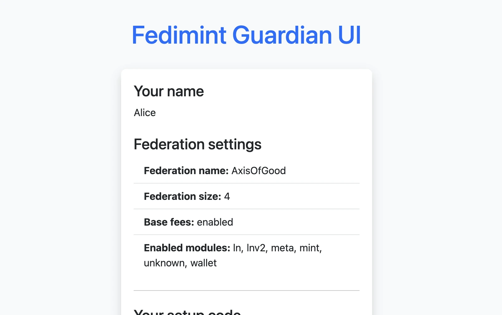 Leader guardian view showing the guardian name and federation settings including federation name, size, base fees, and enabled modules