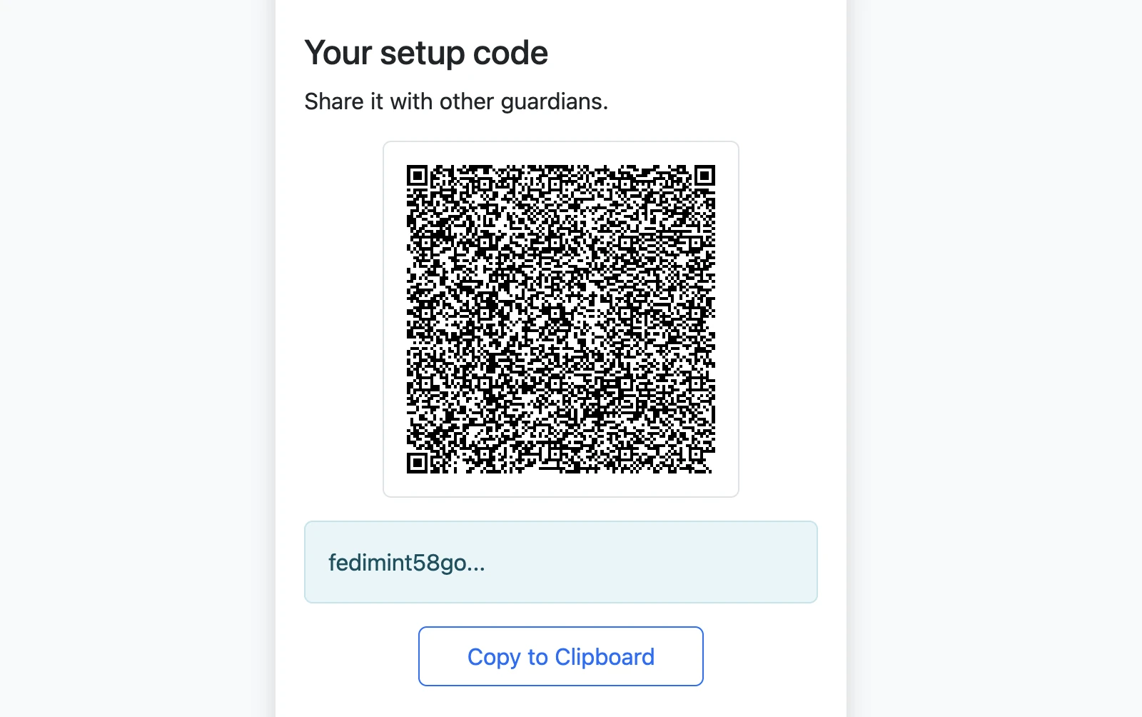 Leader setup code shown as a QR code with a Copy to Clipboard button