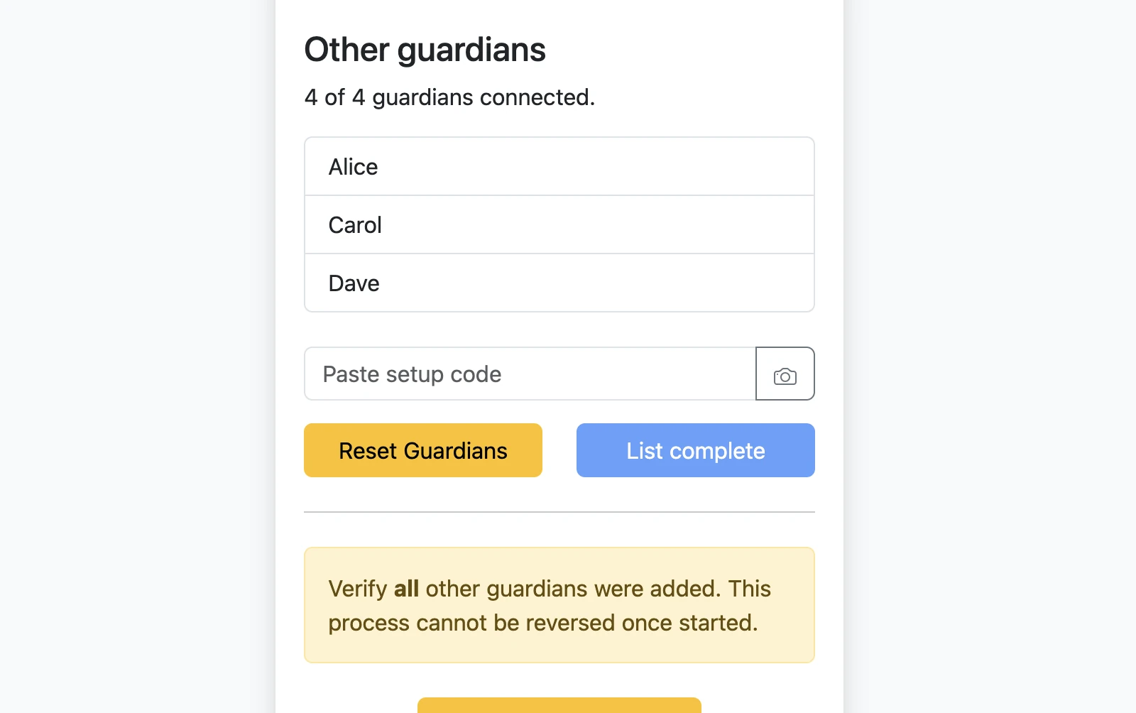 Joining guardian list showing all guardians added and the list marked complete