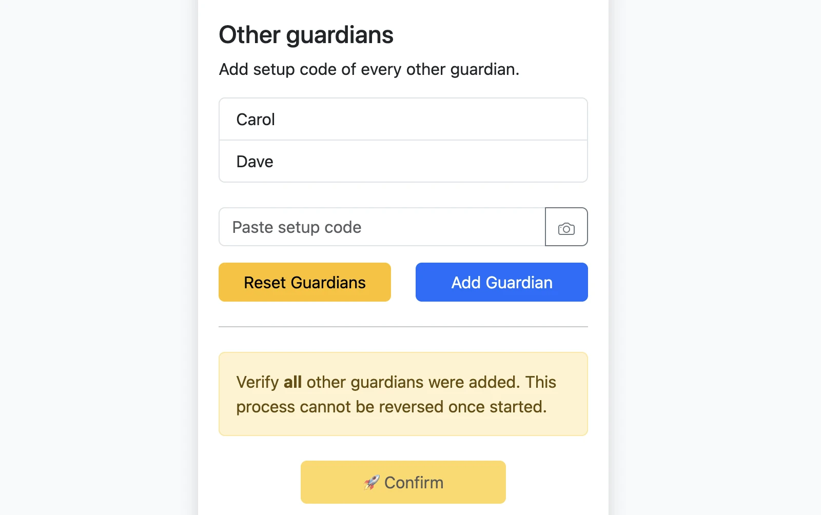 Joining guardian list showing two guardians already added