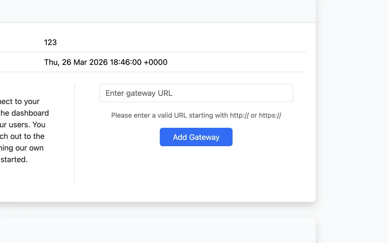 Guardian dashboard form for adding a gateway URL