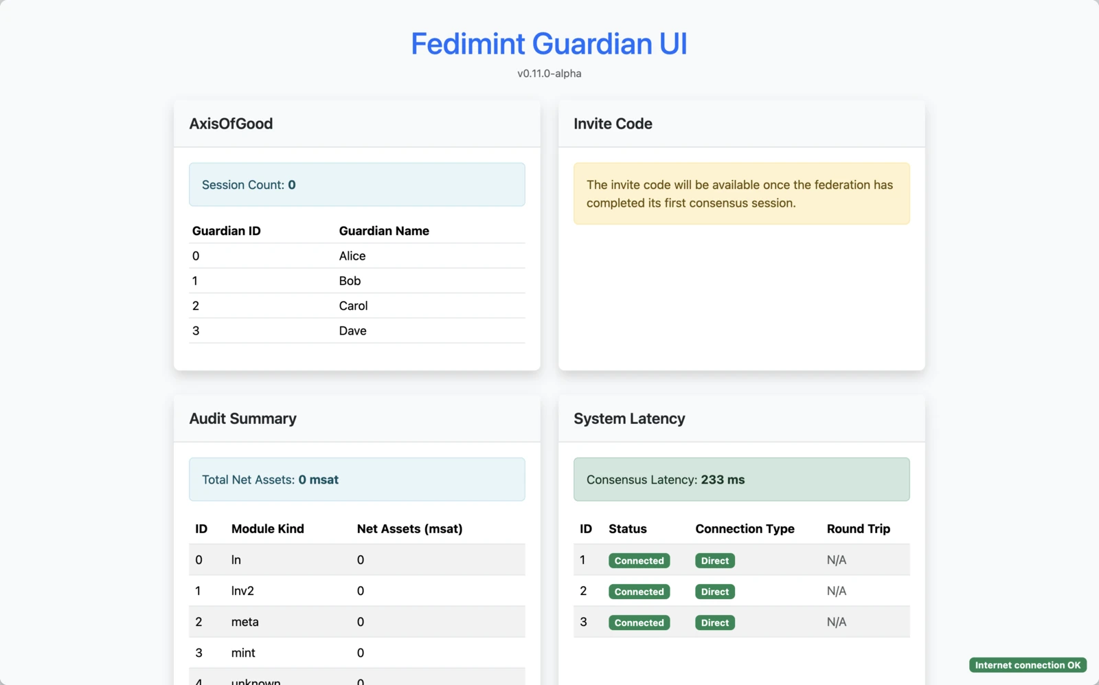 Guardian dashboard after founding with the invite code panel still waiting for the first consensus session