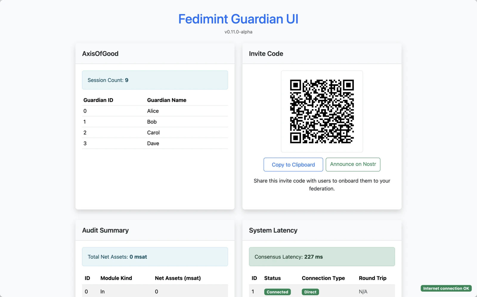 Guardian dashboard after founding with the invite code QR, copy button, and federation status panels visible