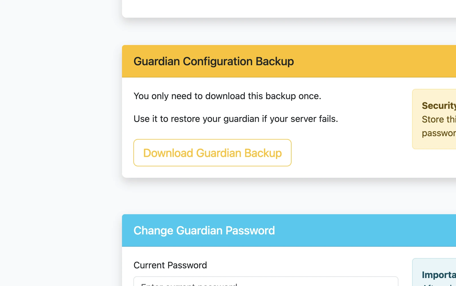 Guardian configuration backup card with a Download Guardian Backup button