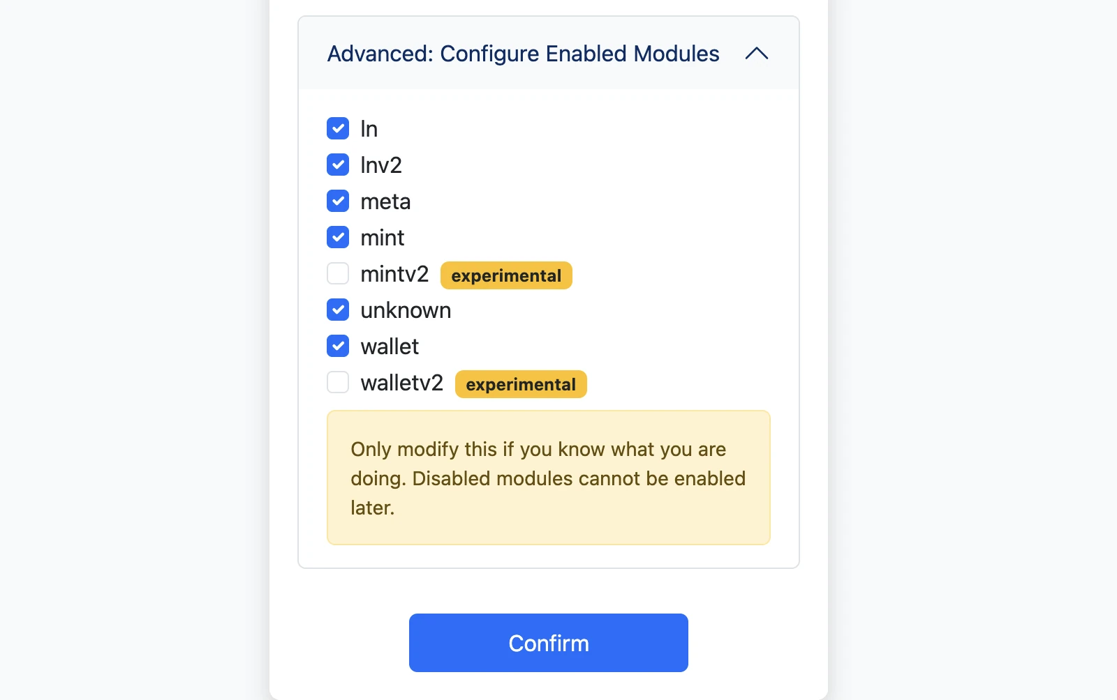 Leader configuration form with the advanced module selector expanded