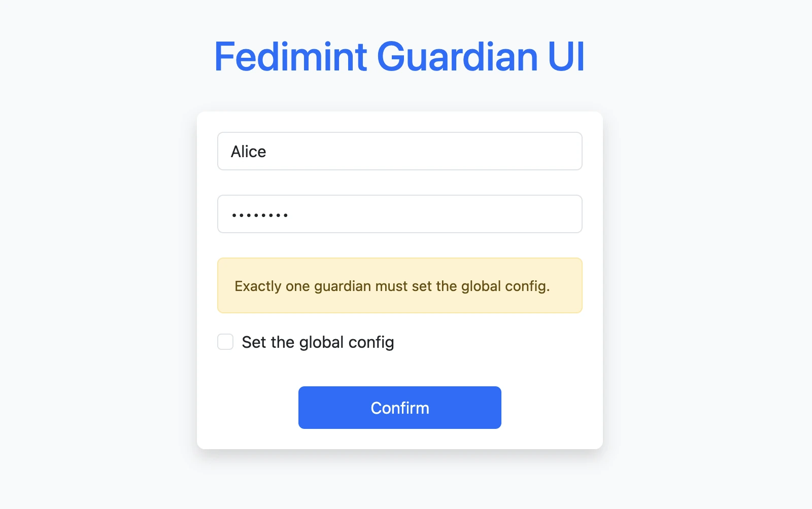 Guardian creation form filled for Alice before setting the global config