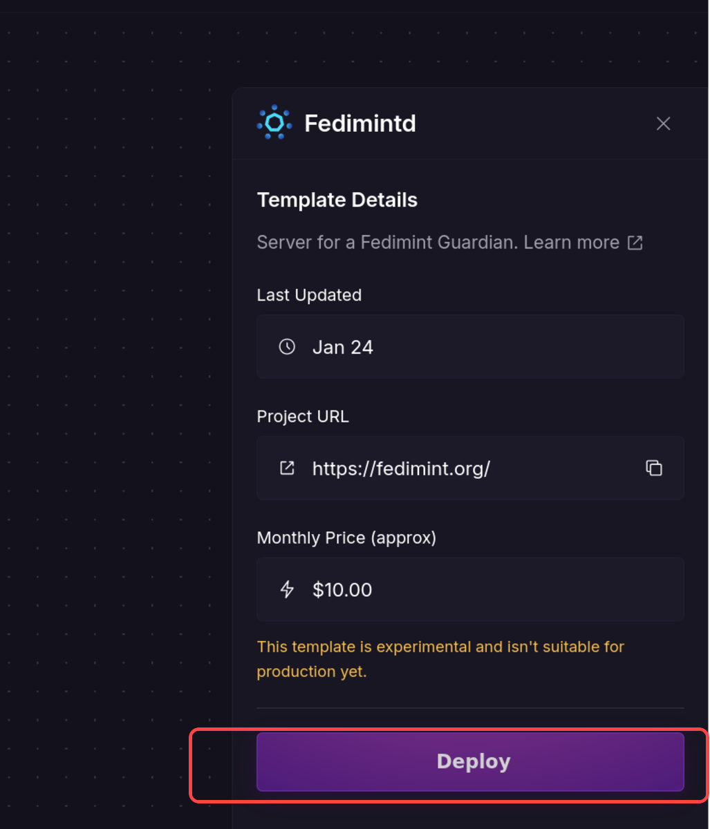 Fedimintd template details with Deploy button