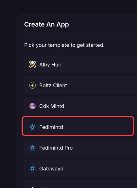 App template list with Fedimintd highlighted