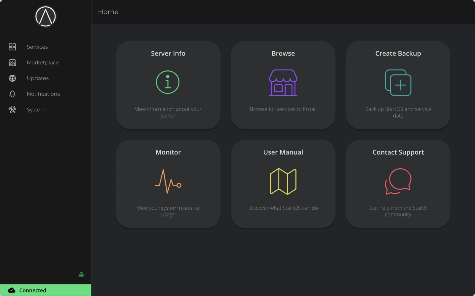 StartOS home screen with sidebar navigation
