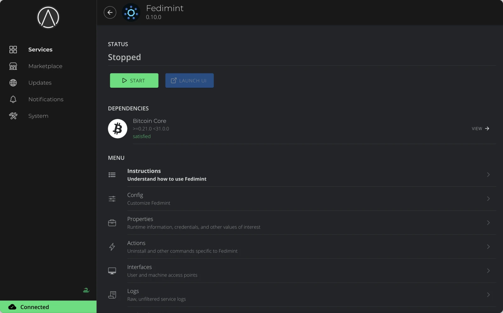Fedimint service page showing Stopped status with Start button