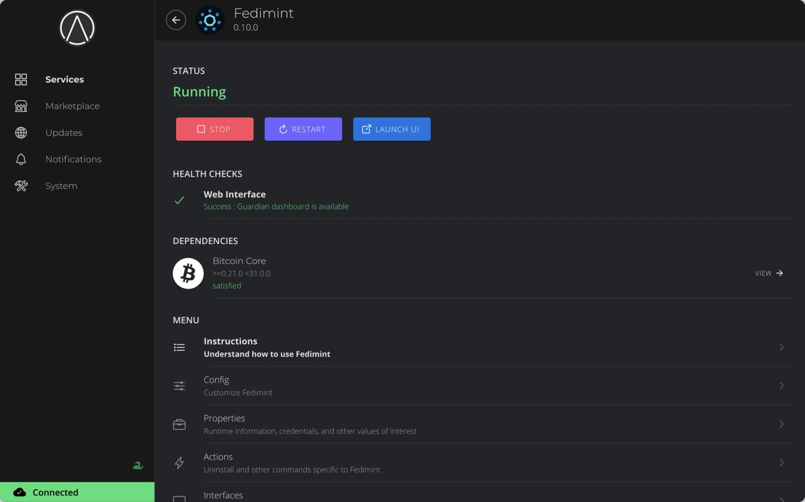 Fedimint service page showing Running status with Stop, Restart, and Launch UI buttons