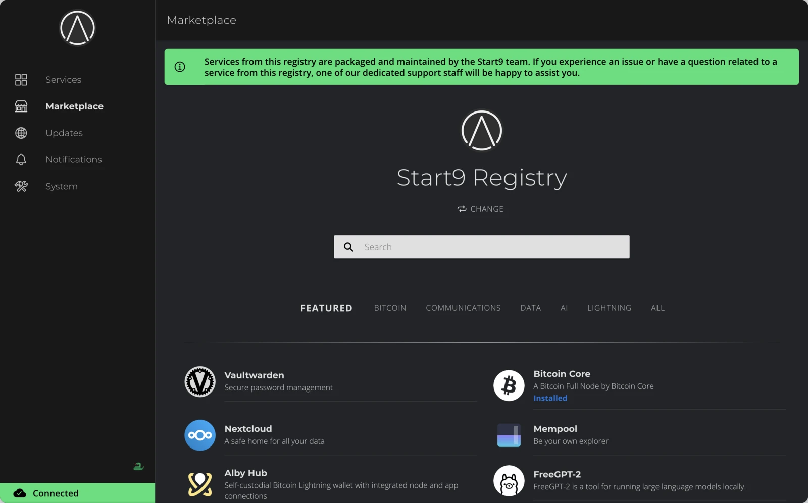 Start9 Registry marketplace page