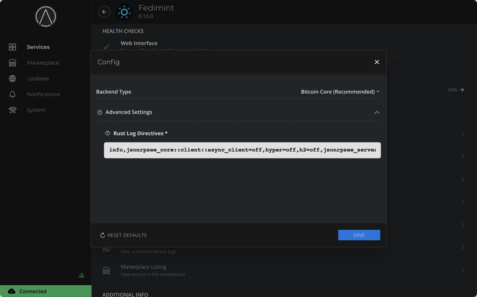 Config dialog showing Backend Type and Advanced Settings