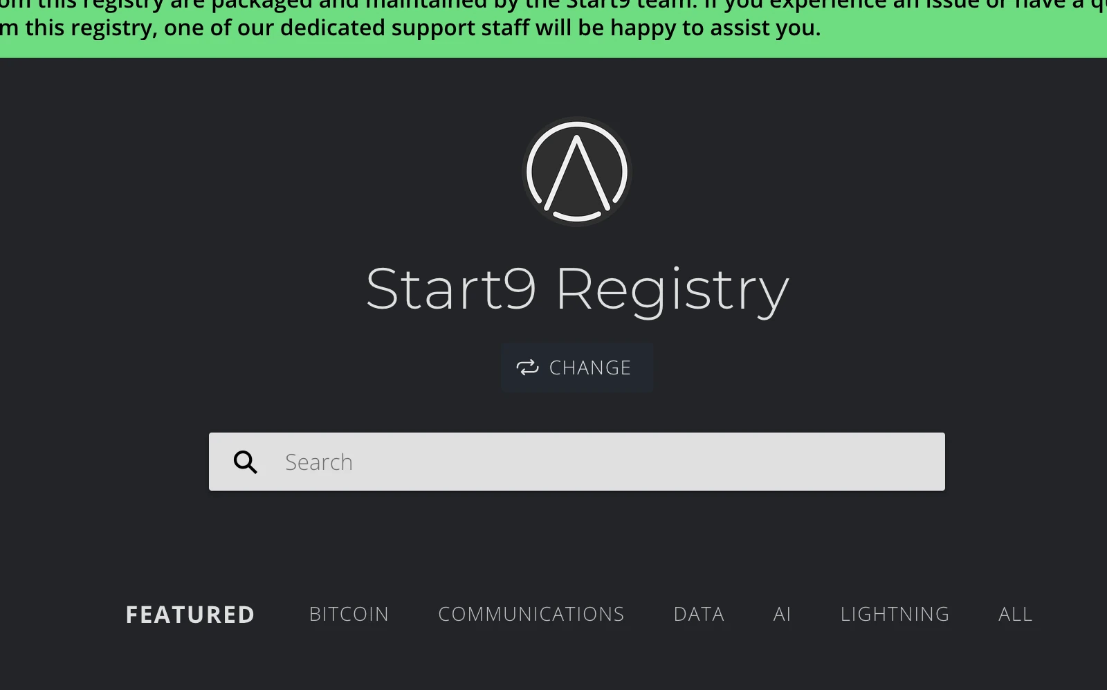 Start9 Registry with Change button visible