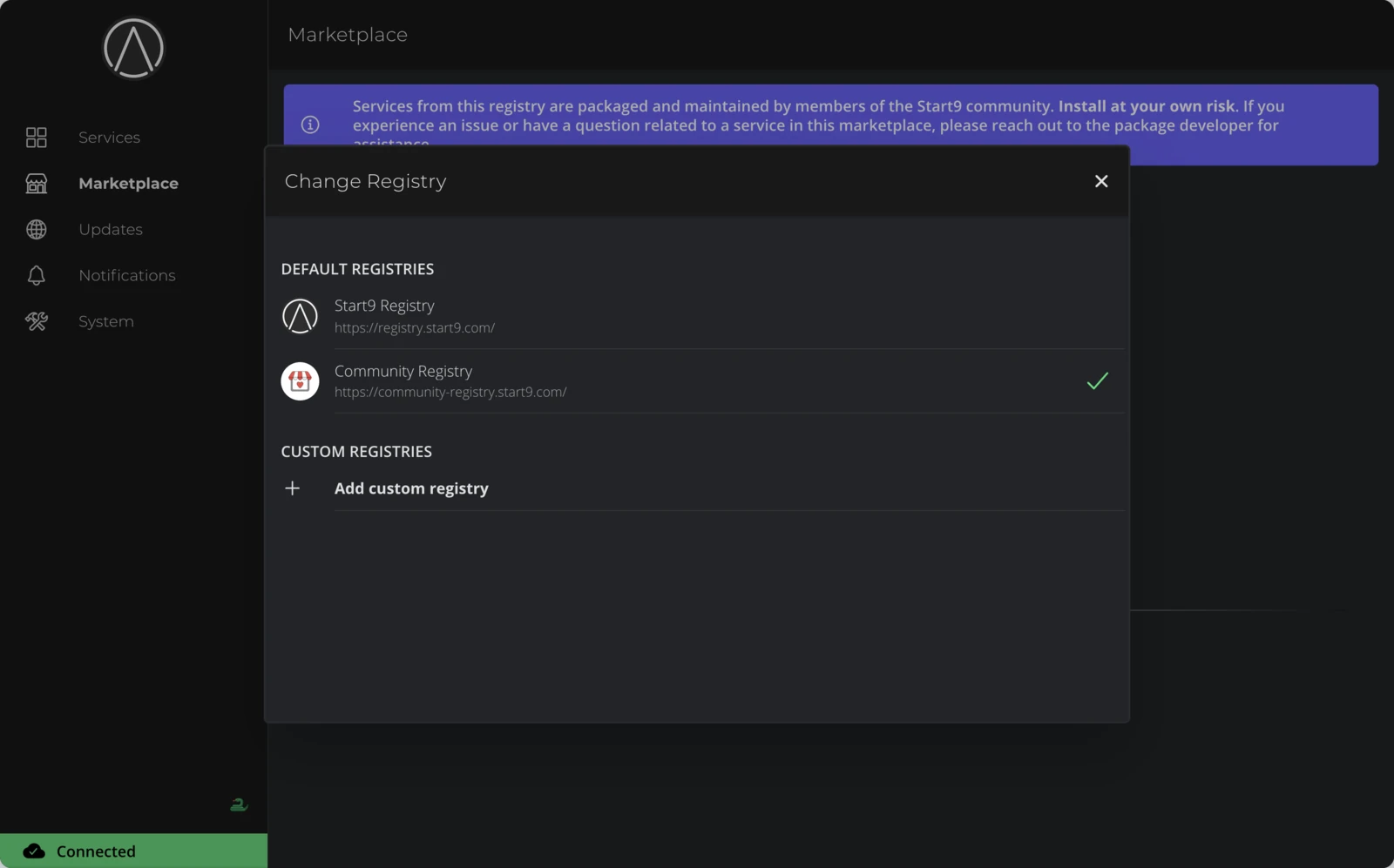 Change Registry dialog with Community Registry selected
