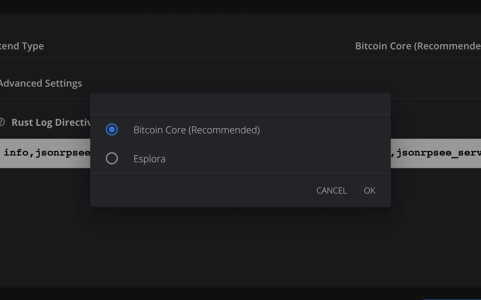 Config dialog with Backend Type dropdown showing Bitcoin Core and Esplora options