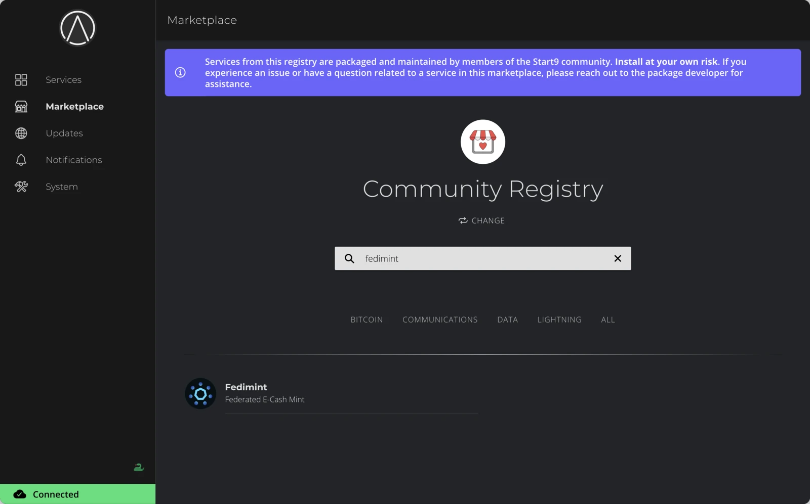 Community Registry search results showing Fedimint