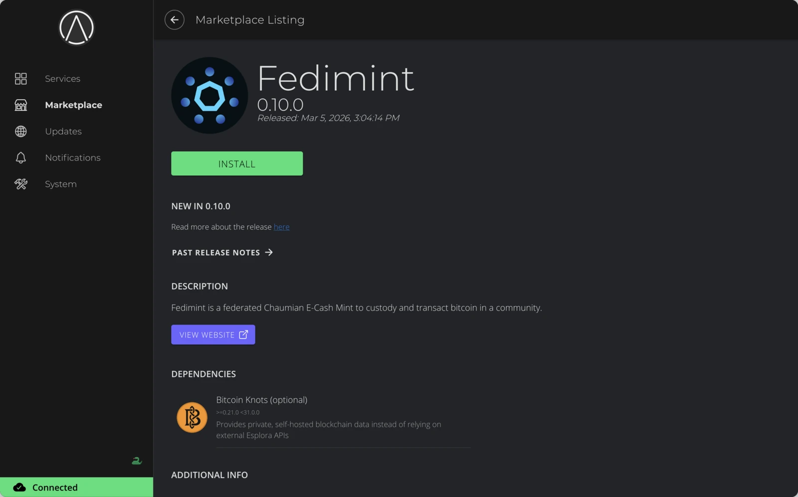 Fedimint marketplace listing with Install button and Bitcoin Knots dependency