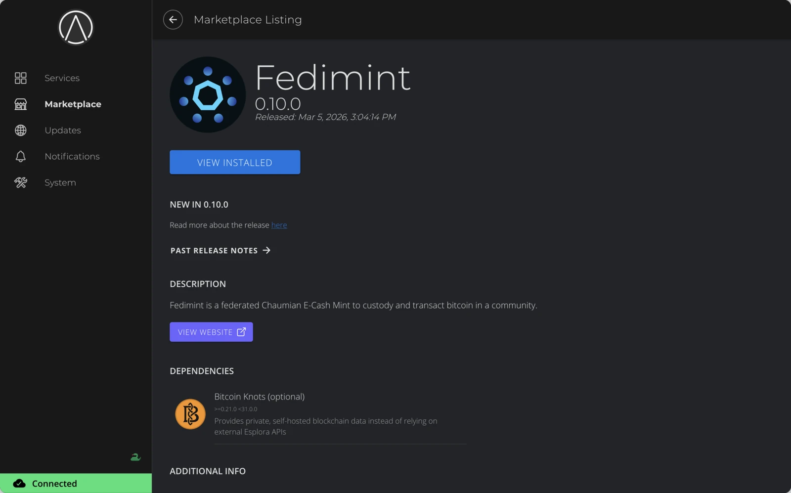 Fedimint marketplace listing with Install button