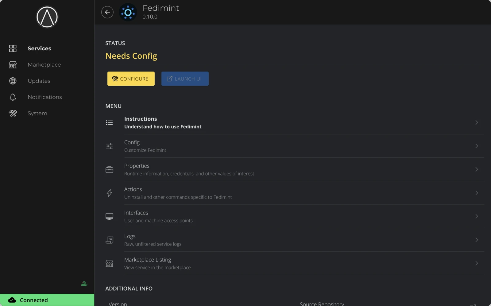 Fedimint service page showing Needs Config status