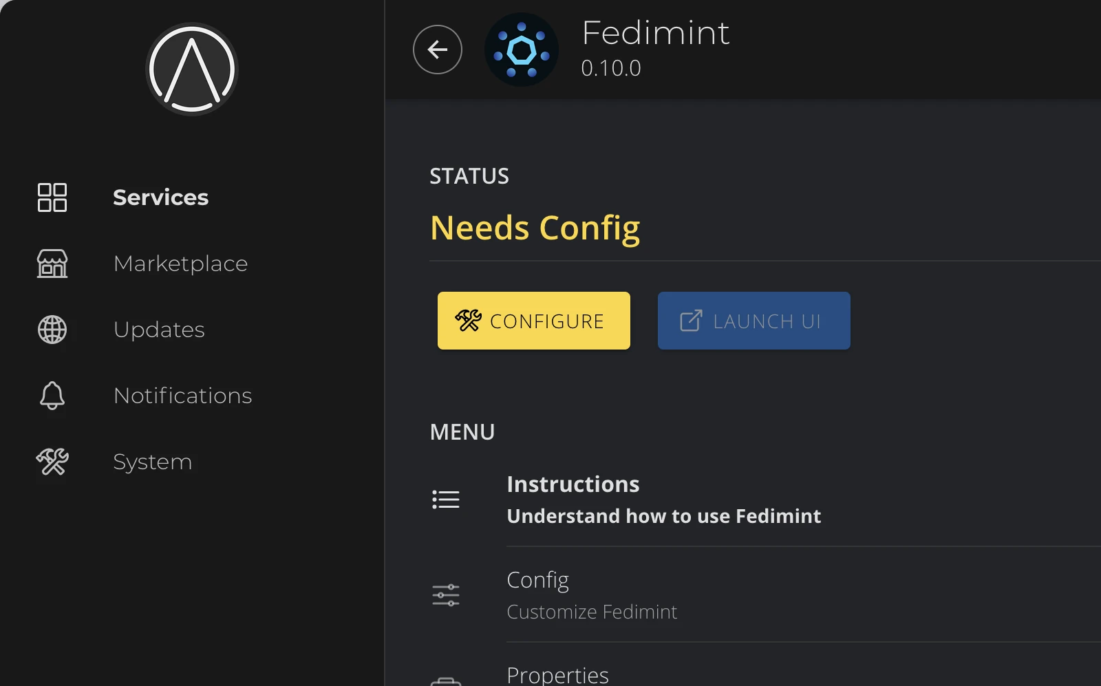 Service page zoomed in showing Configure and Launch UI buttons