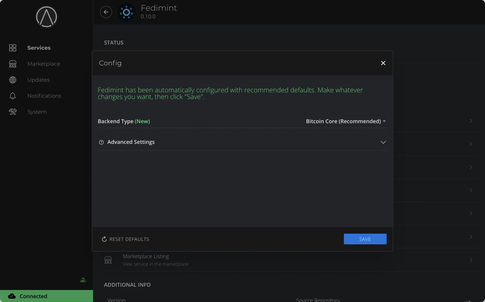 Config dialog showing Backend Type set to Bitcoin Core (Recommended)