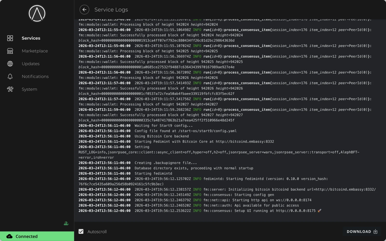 Service Logs viewer showing Fedimint startup output