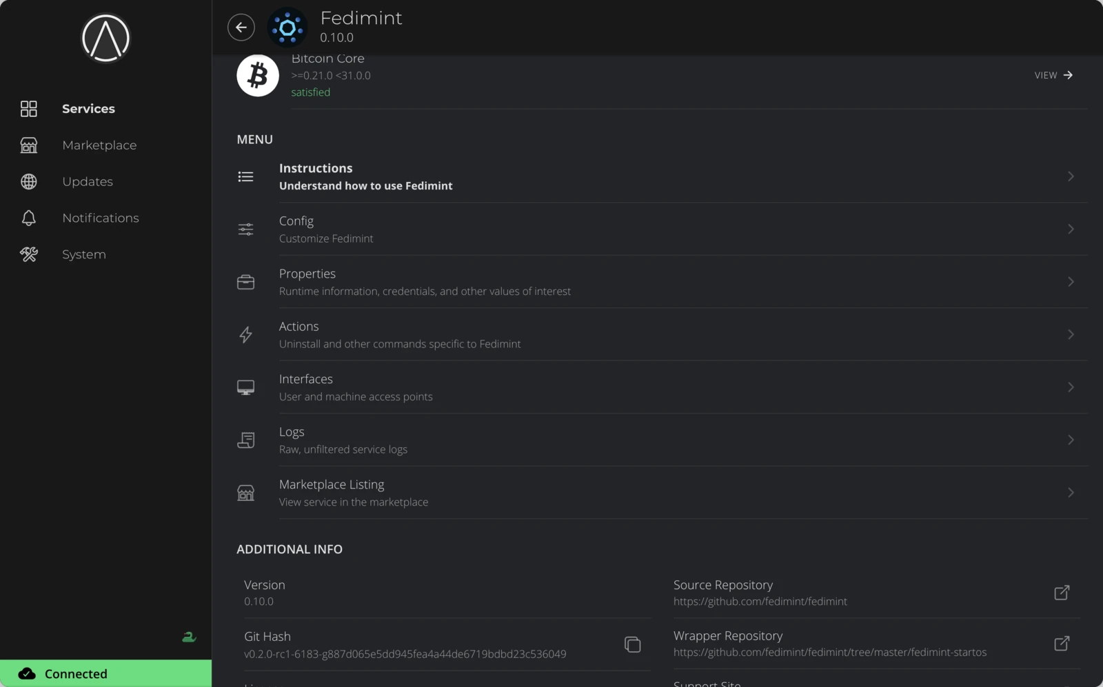 Fedimint service page showing Menu section with Instructions, Config, Properties, Actions, Interfaces, Logs, and Marketplace Listing