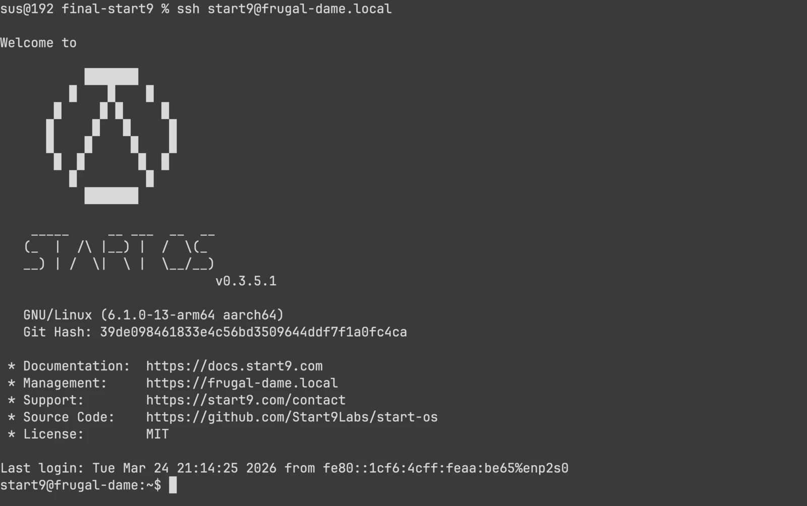 SSH terminal connected to Start9 server showing StartOS welcome message