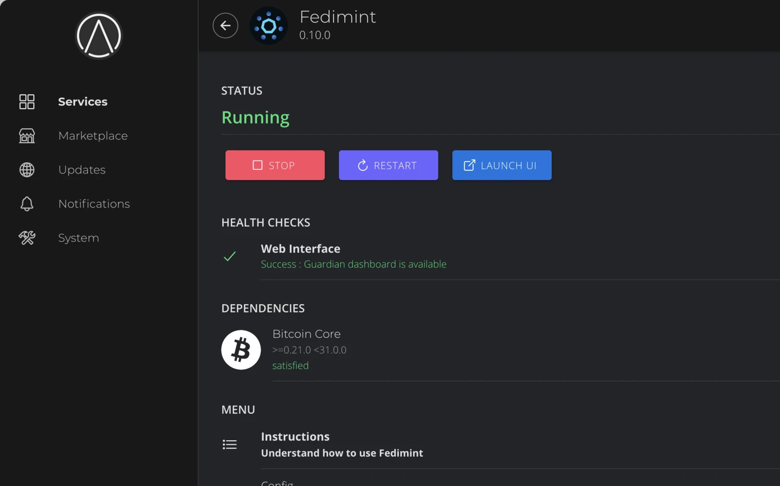 Fedimint service page showing Stop, Restart, and Launch UI buttons