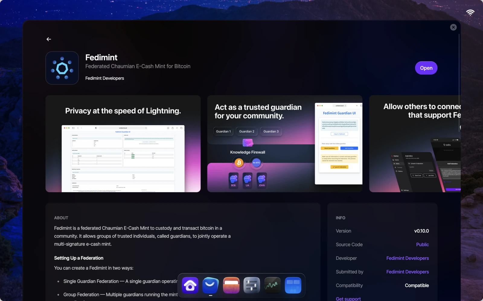 Fedimint app page with Open button