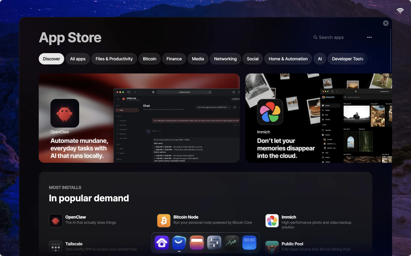 Umbrel App Store discover page
