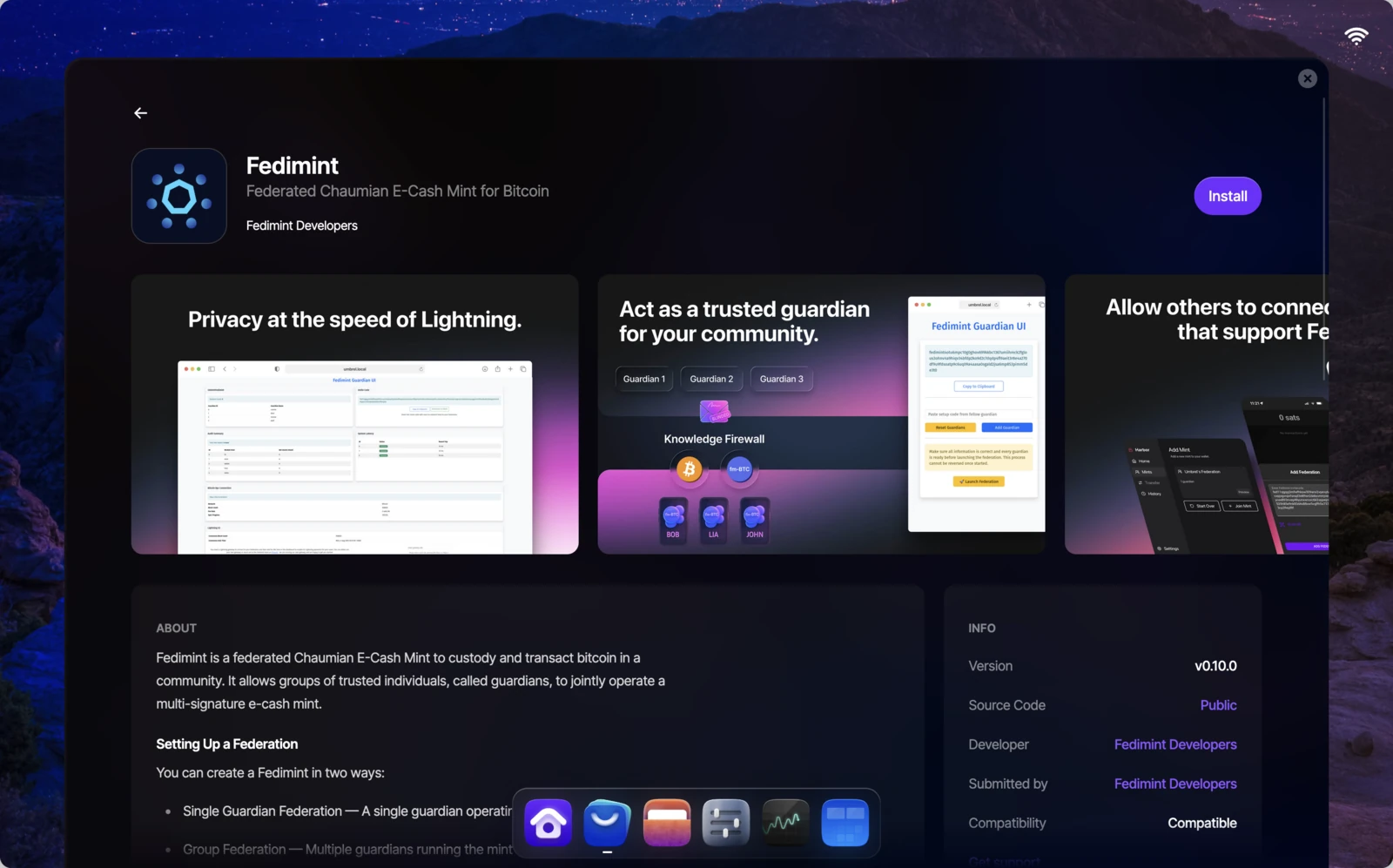 Fedimint app page with Install button