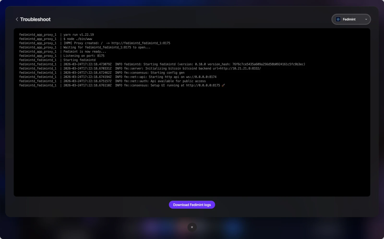 Troubleshoot page showing Fedimint service logs with Download button