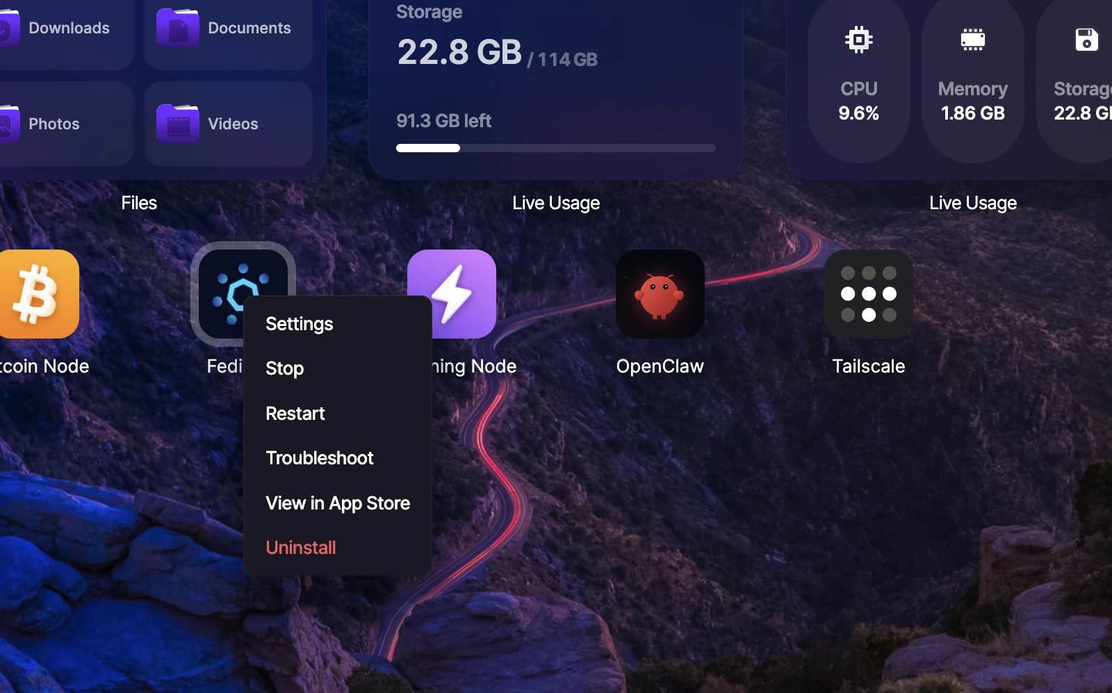 Fedimint right-click context menu showing Settings, Stop, Restart, Troubleshoot, View in App Store, and Uninstall