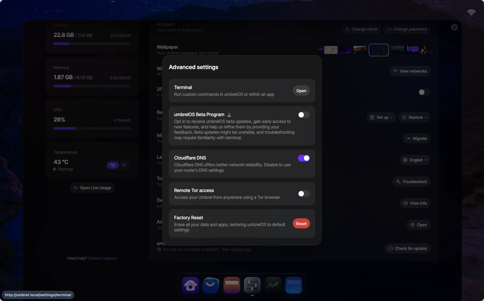Advanced settings with Terminal option