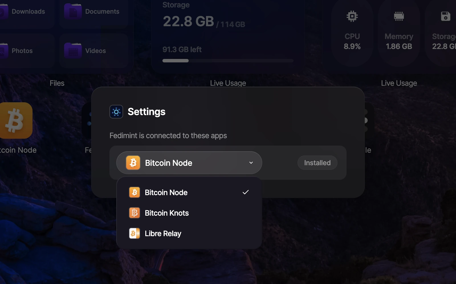 Settings dialog showing Bitcoin Node dependency with dropdown to switch backends