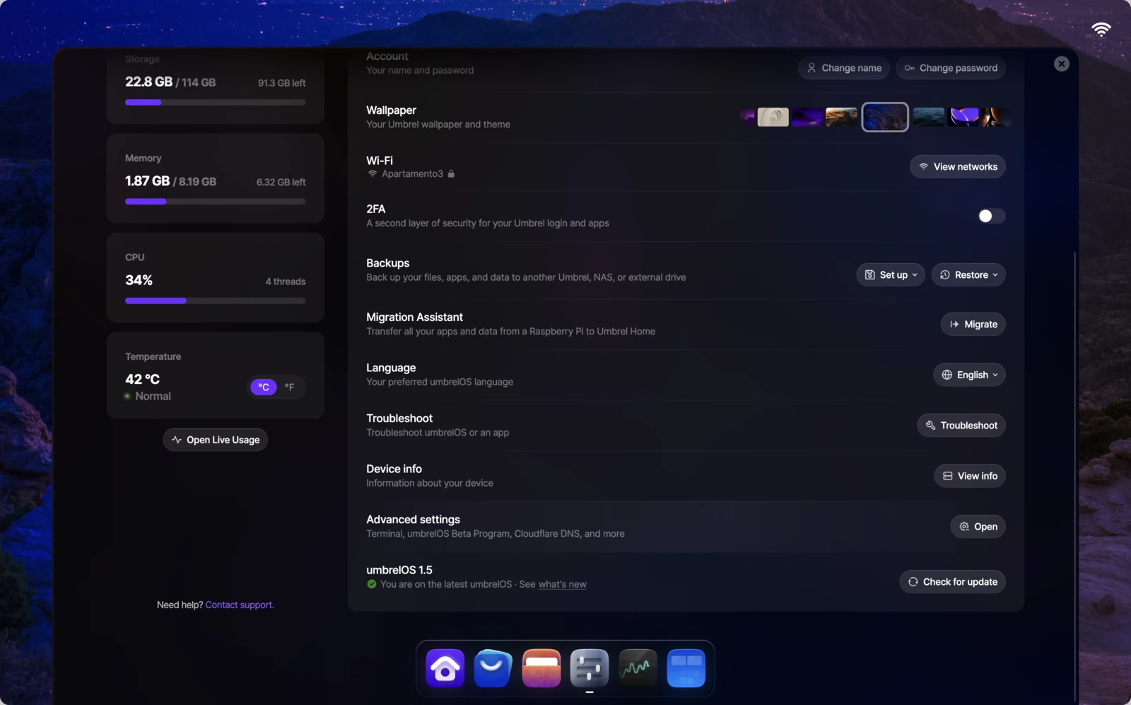 umbrelOS Settings page showing Advanced settings