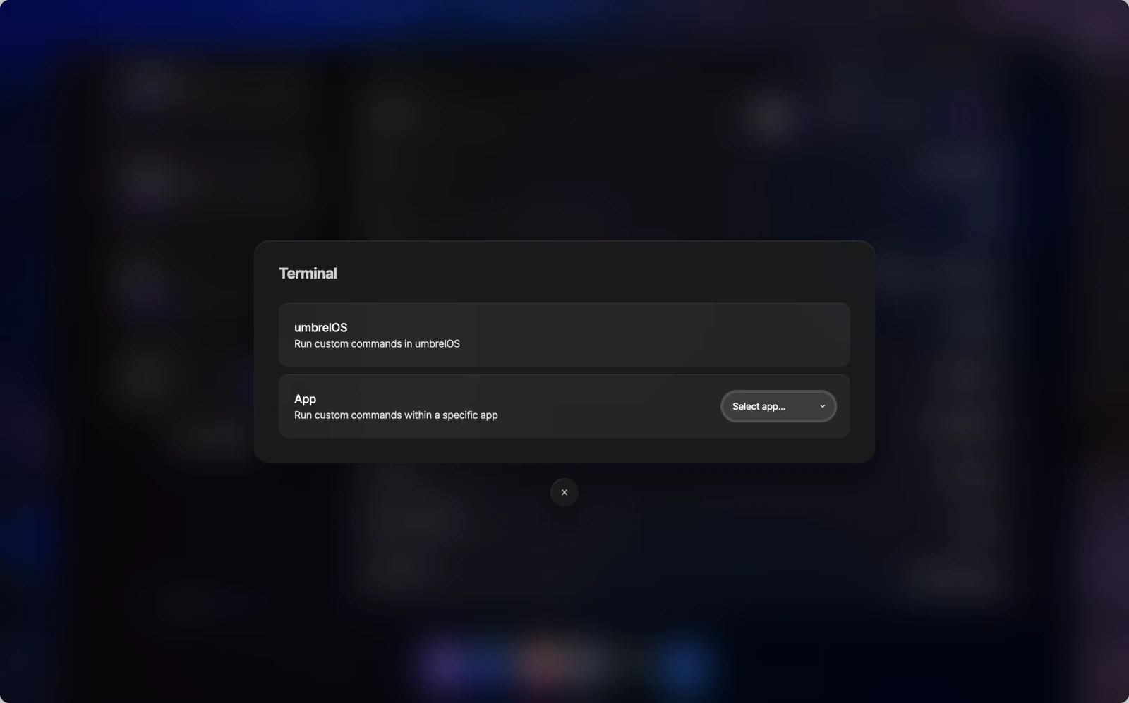 Terminal selection dialog with umbrelOS and App options